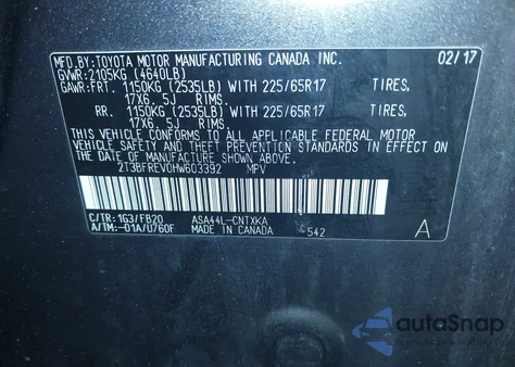 2017 Toyota Rav4 Le из США, поврежденный, VIN 2T3BFREV0HW603392